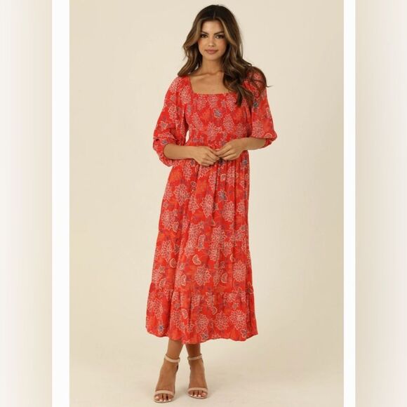 Angie blood orange puff sleeve smocked tiered midi dress size large - Picture 2 of 9